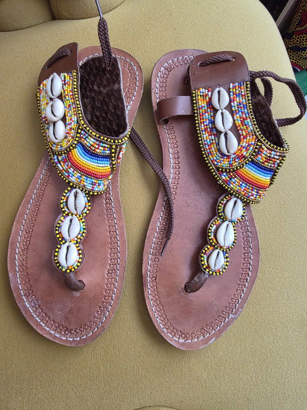 Women's Brown Beaded Shell T-Strap Sandals
